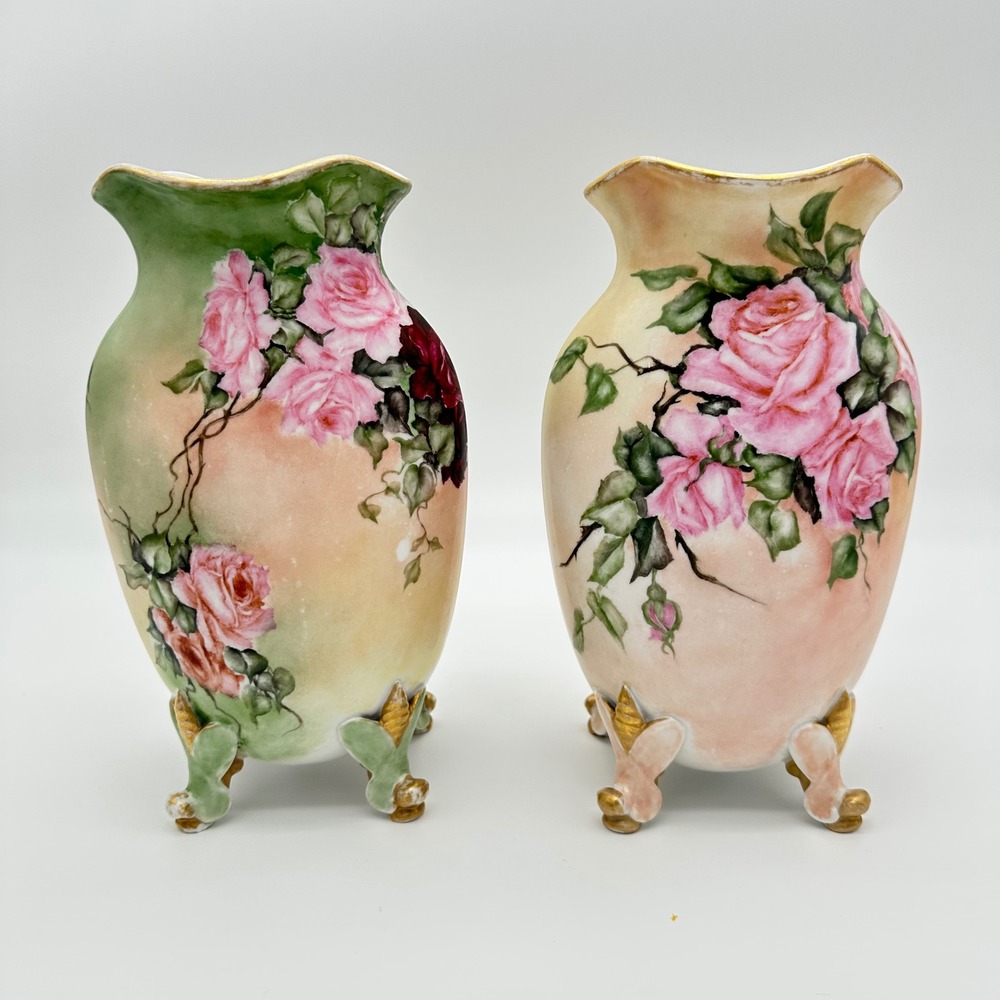 Martial Redon Limoges Footed Vases Pair 10.5in Pink Roses Antique Hand Painted